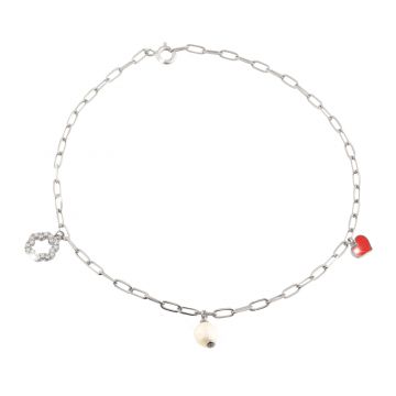 Anklet "Flower Power" with flowers with crystals, natural pearls and enameled charms - Happiness