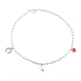 Anklet "Flower Power" with flowers with crystals, natural pearls and enameled charms - Happiness